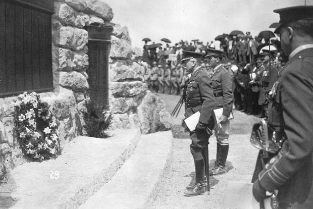 Field Marshal Earl Haig and Lt. Col. Thomas Nangle at War Memorial, Beaumont Hamel Park, France, June 7, 1925.