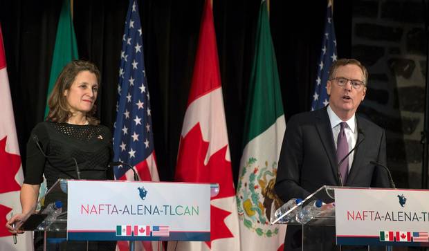 Foreign Affairs Minister Chrystia Freeland looks on as U.S. Trade Representative Robert Lighthizer speaks at the closing of NAFTA meetings in Montreal on Jan. 29, 2018.