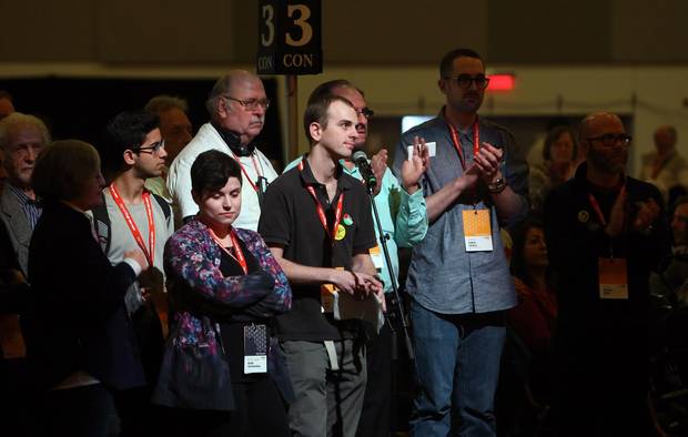 NDP delegates gather on the party convention floor in Ottawa on Feb. 16, 2018.