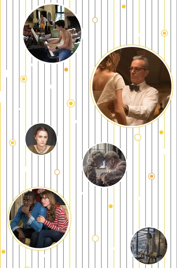 Scenes from the Oscar-nominated films Call Me By Your Name, Phantom Thread, Lady Bird, Darkest Hour, Get Out and The Post.