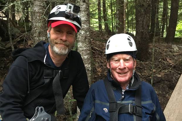 John Ferrie, left and his father, Jock, 89, went ziplining to fulfil Jock’s 89th birthday request. The Ziptrek Ecotours package in Whistler they experienced consisted of 10 zips, one of them more than two kilometres long with riders reaching speeds of about 100 kilometres an hour.