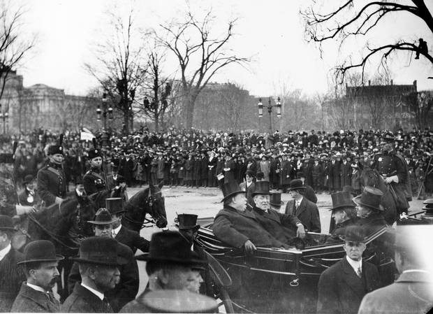 President William Howard Taft with Woodrow Wilson en route to Wilson's inauguration in Washington, March 4, 1913.