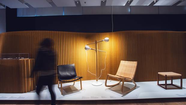Derek Mcleod's Leather Sling Chair, Brian Richler and Kei Ng's Deadstock Floor Lamp and Shawn Place's SP210 Rocking Chair is seen at the True Nordic exhibition.