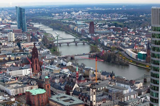 The river Main courses through Frankfurt, Germany. The city is competing with Paris for the chance to overtake London as the financial and business centre of Europe.