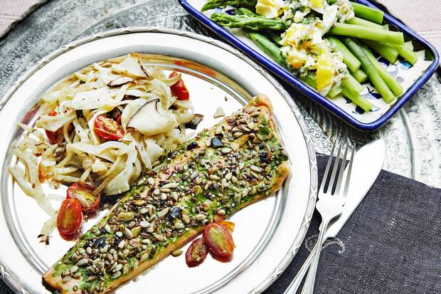 Arctic char with vegetables is a sophisticated version of the current trend toward plant-based eating.