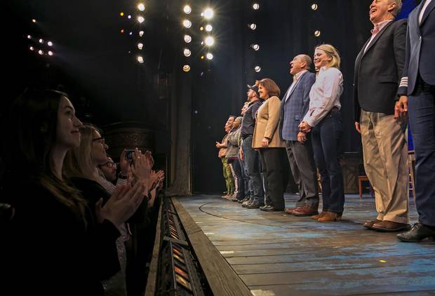 The cast of Come From Away takes a bow onstage at the Broadway opening night at the Gerald Schoenfeld Theatre in New York on Sunday.
