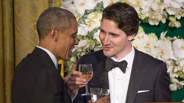 Prime Minister Justin Trudeau proposes a toast to US President Barack Obama during a state dinner Thursday, March 10, 2016 in Washington. 