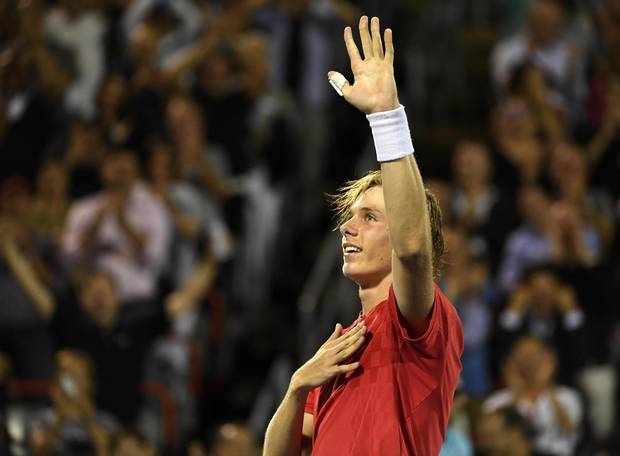 Denis Shapovalov of Canada reacts after defeating Rafael Nadal of Spain (not pictured) during the Rogers Cup tennis tournament at Uniprix Stadium.