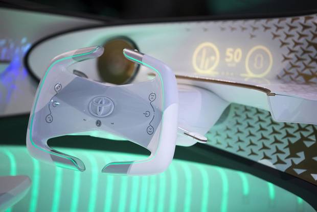 The steering wheel of Toyota's Concept-i vehicle on display at the Tokyo Motor Show on October 25, 2017.