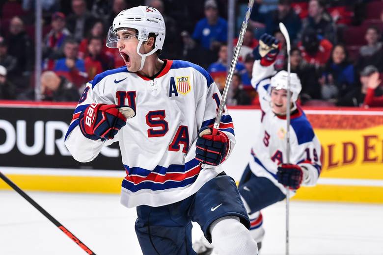Colin White of Team United States celebrates his second period goal during the 2017 IIHF World Junior Championship semifinal game against Team Russia at the Bell Centre on January 4, 2017 in Montreal, Quebec, Canada.