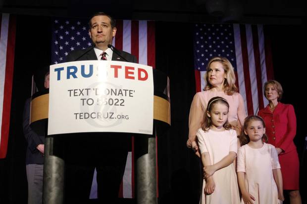 Ted Cruz attends a Houston rally with his daughter Catherine (second left), wife Heidi, daughter Caroline (second right) and supporter and former rival Carly Fiorina at his side.