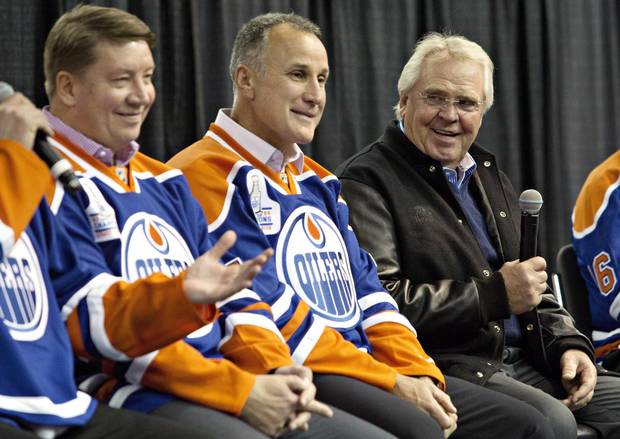Sather joined members of the 1984 Stanley Cup champion Oilers to reminisce of past glories at a reunion in October, 2014. From left: Jari Kurri, Paul Coffey and Glen Sather.
