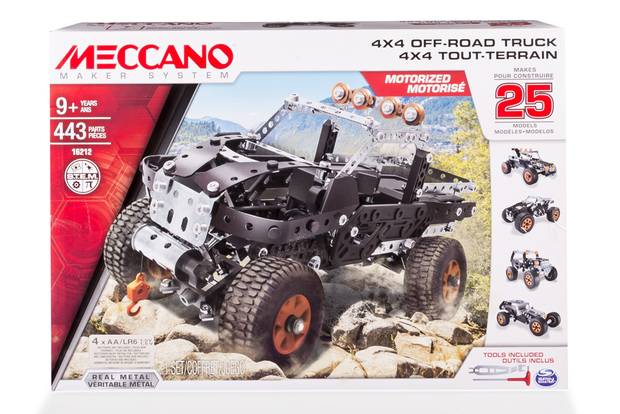 Price under $100 Meccano 4x4 Off-road truck $69.99, from Mastermind Toys (https://www.mastermindtoys.com/17669-Meccano-25-Model-Building-Set-4x4-Truck.aspx) Meccano is a building toy, like Lego, but it uses metal strips and screws instead to make things that can be even more intricate. Officially, the motorized off-road truck is suitable for ages 9 and up, but adults will find it just as satisfying to build, with more than 400 parts to create 25 different versions.