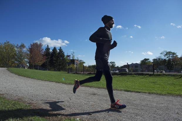 Globe and Mail writer Dave McGinn will be running his first full marathon this weekend and is photographed running on the track at Sorauren Park, on Oct 16 2017.
