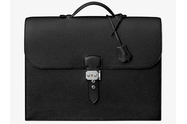 This men’s briefcase from Hermès, made from black or brown Togo calfskin, is priced at $10,000.