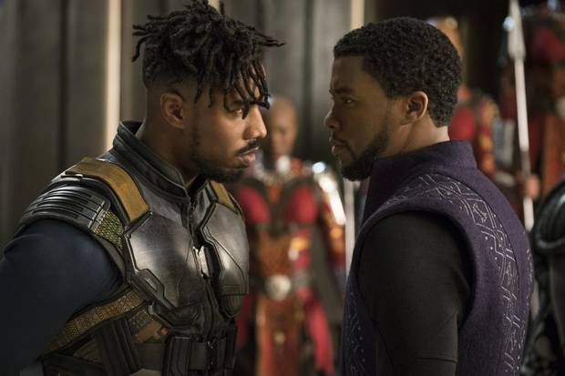 Michael B. Jordan, left, and Chadwick Boseman in a scene from Black Panther.