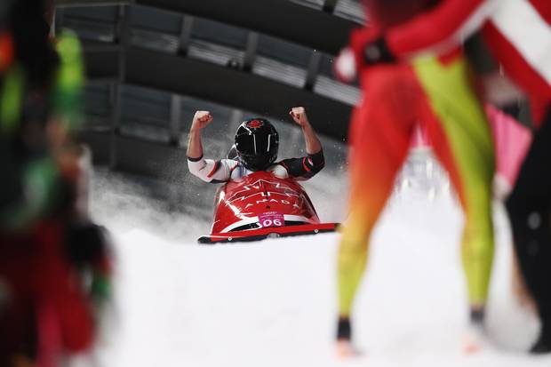 Justin Kripps and Alexander Kopacz of Canada react in the finish area following their final run during the Men's 2-Man Bobsleigh on day 10 of the PyeongChang 2018 Winter Olympic Games at Olympic Sliding Centre on February 19, 2018 in Pyeongchang-gun, South Korea.