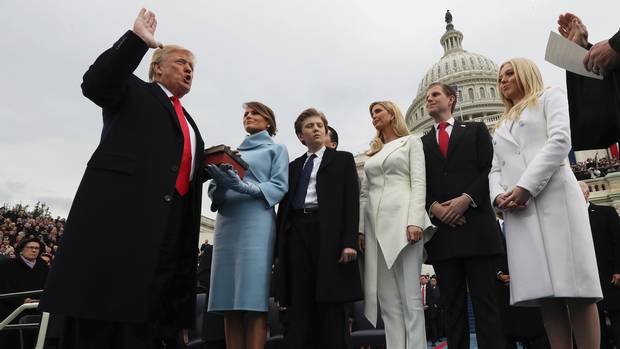 U.S. President Donald Trump takes the oath of office at his inauguration ceremony on Jan. 20, 2017.