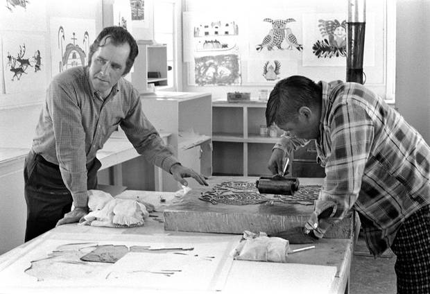 Terry Ryan and Eegyvudluk Pootoogook in the Cape Dorset stone cutting studio in 1975.