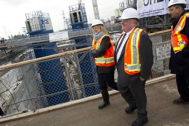 March 13, 2013: Then-mayor Rob Ford tours one of the TTC stations under construction with Lisa Raitt, left, then the federal minister of labour.