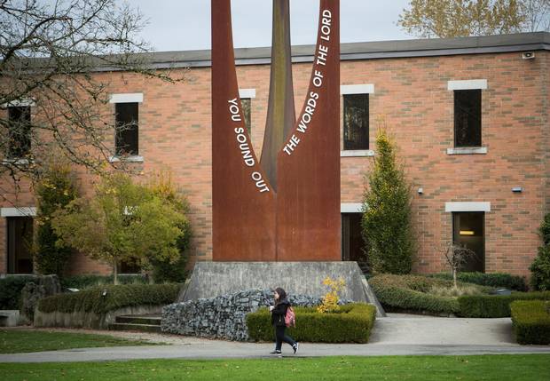 Students are pictured on campus at Trinity Western University in Langley, B.C.