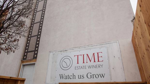The exterior of Time Estate Winery, located in the old movie theatre in downtown Penticton.