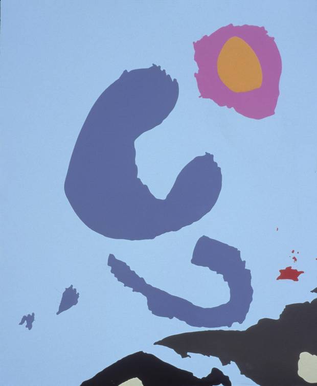 Robert Linsley’s Island Development (2001), like most of his works, are enamel on canvas.