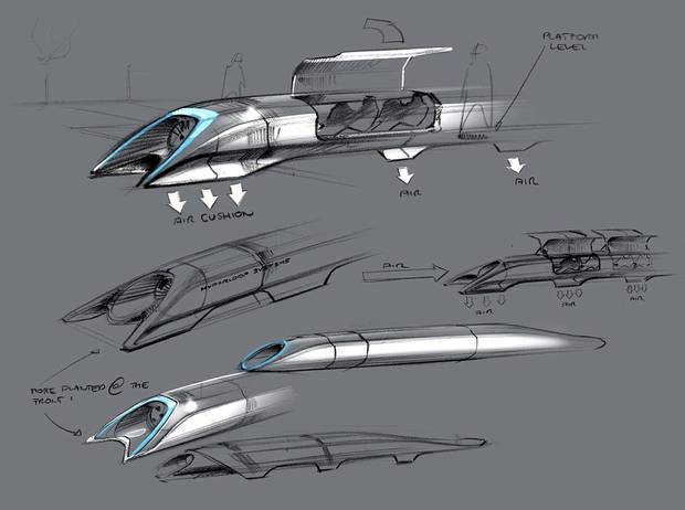 A design sketch released by Tesla Motors shows the Hyperloop passenger transport capsule.