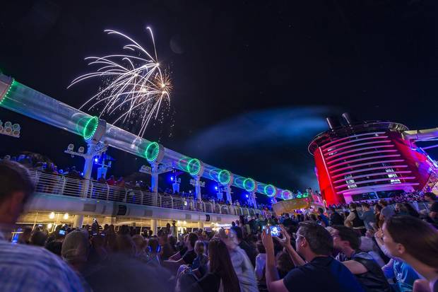 Fireworks are the grand finale to the 'Summon the Force' deck party, part of Star Wars Day at Sea.
