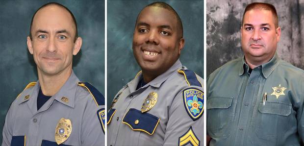 This three image combination photo shows L-R: Baton Rouge police officers Matthew Gerald and Montrell Jackson and Baton Rouge Parish Deputy Brad Garafalo. 