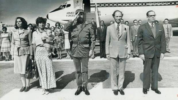 Margaret, Michel and Pierre Trudeau and Fidel Castro at Havana Airport 1976 visit to Cuba strained relations with Washington; Margaret Trudeau holds baby Michel Photo