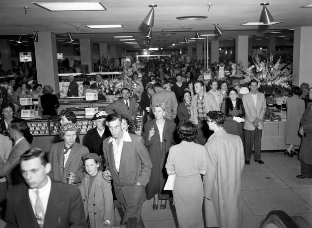 Opening day crowds at a Simpsons-Sears location in 1954.