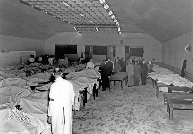 Morgue set up in the Horticultural Building for victims of SS Noronic fire.