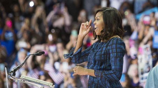 First lady Michelle Obama campaigns for Democratic presidential nominee Hillary Clinton at Lasalle University on September 28, 2016 in Philadelphia, Pennsylvania.