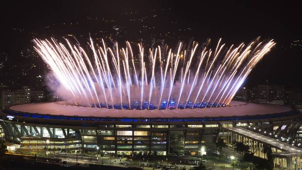 Fireworks explode above the Maracana stadium during the opening ceremony of the Rio's 2016 SummerOlympics in Rio de Janeiro in Rio de Janeiro, Brazil, Friday, Aug. 5, 2016.