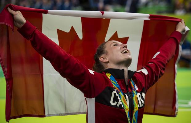 Canada's Rosie MacLennan after her gold medal ceremony in Trampoline during 2016 Olympic games in Rio August 12, 2016.