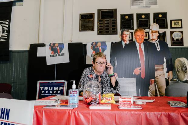 Lynette Villano calls potential voters from the volunteer-run Trump campaign headquarters in Scranton, Pa.