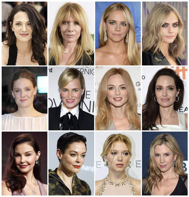 This combination photo shows actresses listed in alphabetical order, top row from left, Asia Argento, Rosanna Arquette, Jessica Barth, Cara Delevingne, Romola Garai, Judith Godreche, Heather Graham, Angelina Jolie, Ashley Judd, Rose McGowan, Lea Seydoux and Mira Sorvino, who have made allegations against producer Harvey Weinstein.