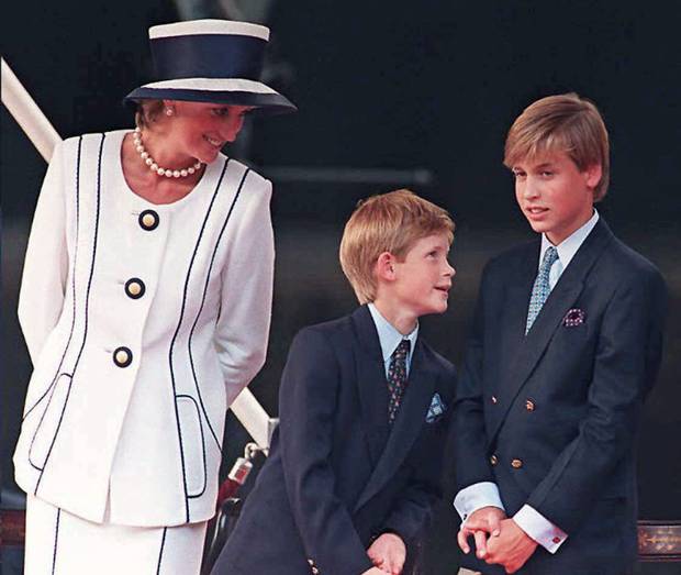 Princess Diana and her sons Prince Harry, (C) and Prince William, as they gather for the commemorations of VJ Day in London.