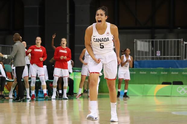 Kia Nurse #5 of Canada reacts after scoring against Serbia during the women's basketball game on Day 3 of the Rio 2016 Olympic Games at the Youth Arena on August 8, 2016 in Rio de Janeiro, Brazil.