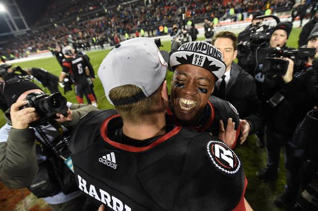 The Ottawa RedBlacks celebrate after defeating the Calgary Stameders during the 104th Grey Cup game in Toronto on Nov. 27.