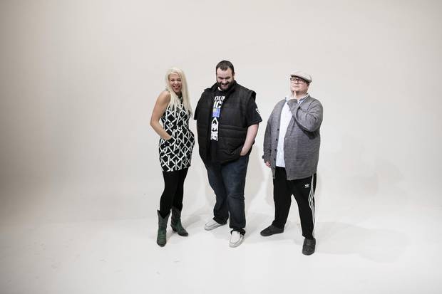 From left: Comedians Shirley Gnome, Kevin Banner and Charlie Demers pose at 604 Records in Vancouver on Nov. 16.
