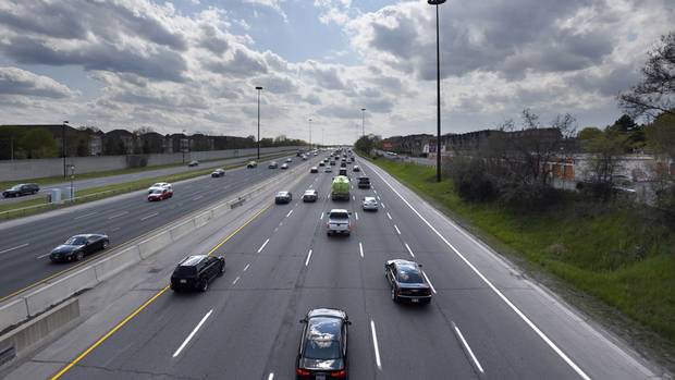 Westbound traffic on the Gardiner Expressway is pictured on May 16 2016. Documents leaked to The Globe and Mail say Ontario will spend $7-billion phasing out natural gas for heating, provide incentives to retrofit buildings and give rebates to drivers who buy electric vehicles.