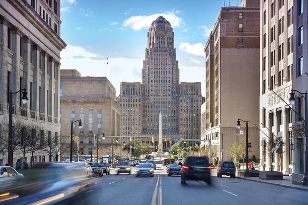 A view towards Buffalo’s Art Deco city hall.