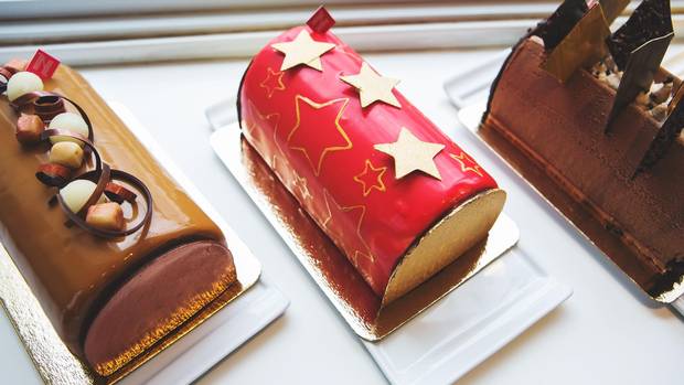 The Vive Le Vent, Nutcracker and A Classy Affair Buches de Noel are photographed at Nadege Patisserie in Toronto on December 1, 2016.