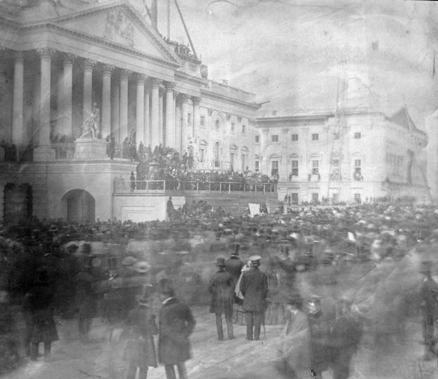 The first-known photograph of a presidential inauguration shows James Buchanan at the east front of the U.S. Capitol during his March 1857 inauguration. 