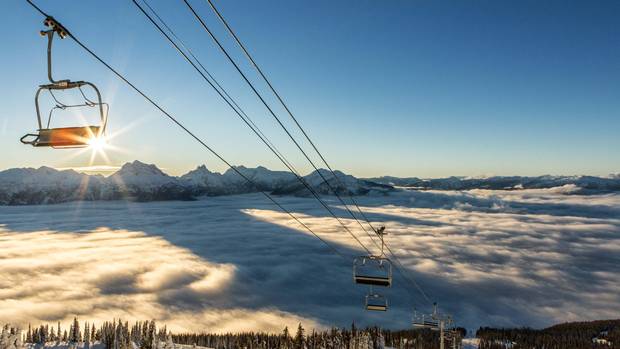 A quad chairlift at Revelstoke Mountain Resort.