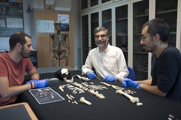 Researchers Antonio Garca-Tabernero, Antonio Rosas and Luis Rios sit behind the Neanderthal child’s skeleton.