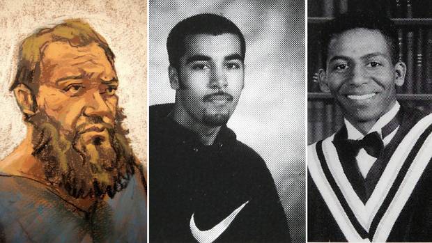 Left to right: courtroom sketch of Muhanad Mahmoud Al Farekh, class photos of Ferid Iman and Miawand Yar.