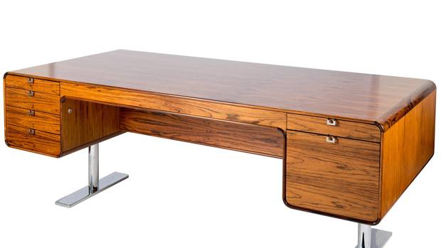The pieces in the show range from the mass-produced to the exquisitely bespoke. Leif Jacobsen and Svend Nielsen’s 701 Desk, made in 1974 in Willowdale, Ont., must have been custom-made for someone important; it’s beautifully detailed from fine rosewood.